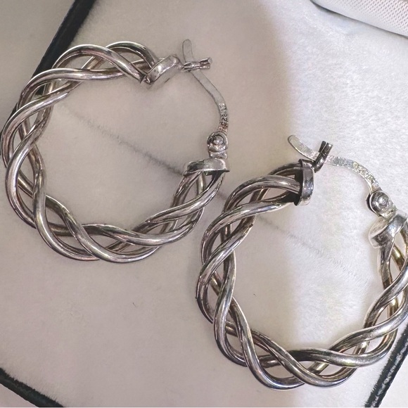 Vintage Handmade Twisted Wire Solid 925 Sterling Silver Hoop Earrings - Picture 2 of 9
